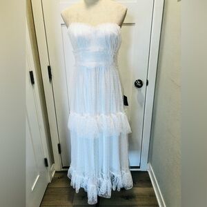 Delightful Bliss White Mesh Swiss Dot Strapless Midi Dress